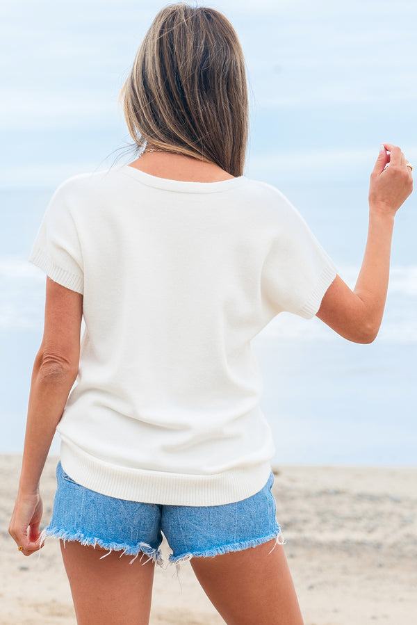 Bow Pattern Knit Short Sleeve Sweater