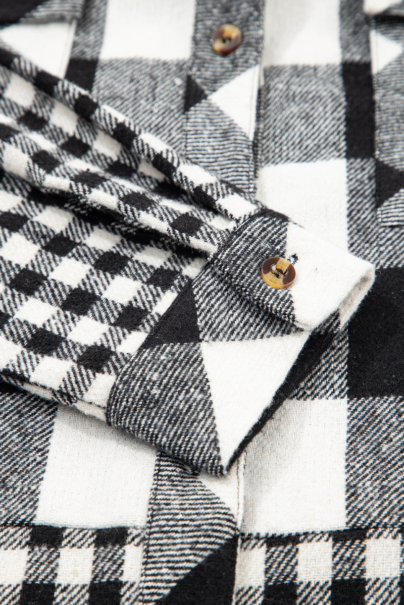 Double Plaid Patchwork Drawstring Hooded Shacket