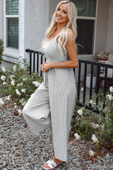 Stripe Half Buttoned Sleeveless Wide Leg Jumpsuit