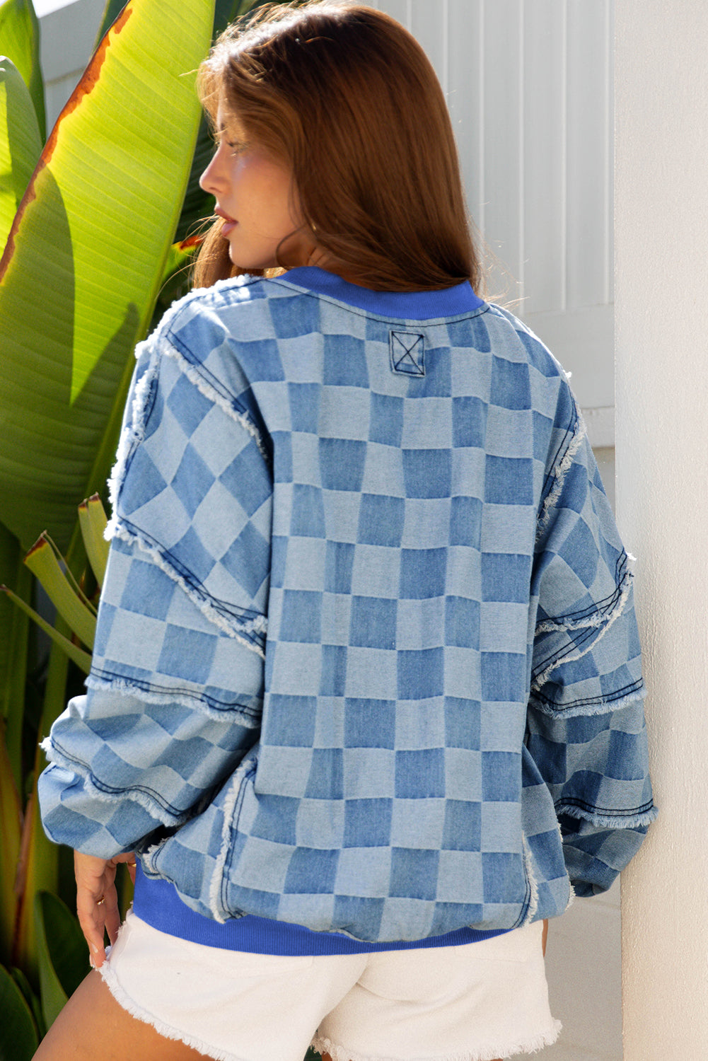 Checkerboard Splicing Raw Detail Oversized Denim Pullover