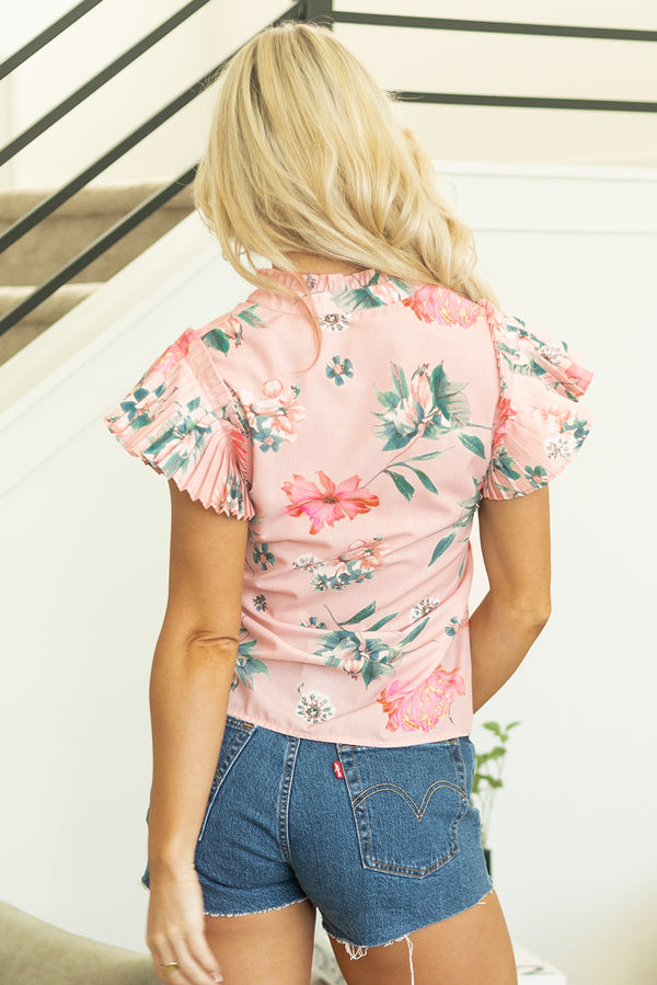 Floral Print Frilled V Neck Pleated Sleeve Blouse
