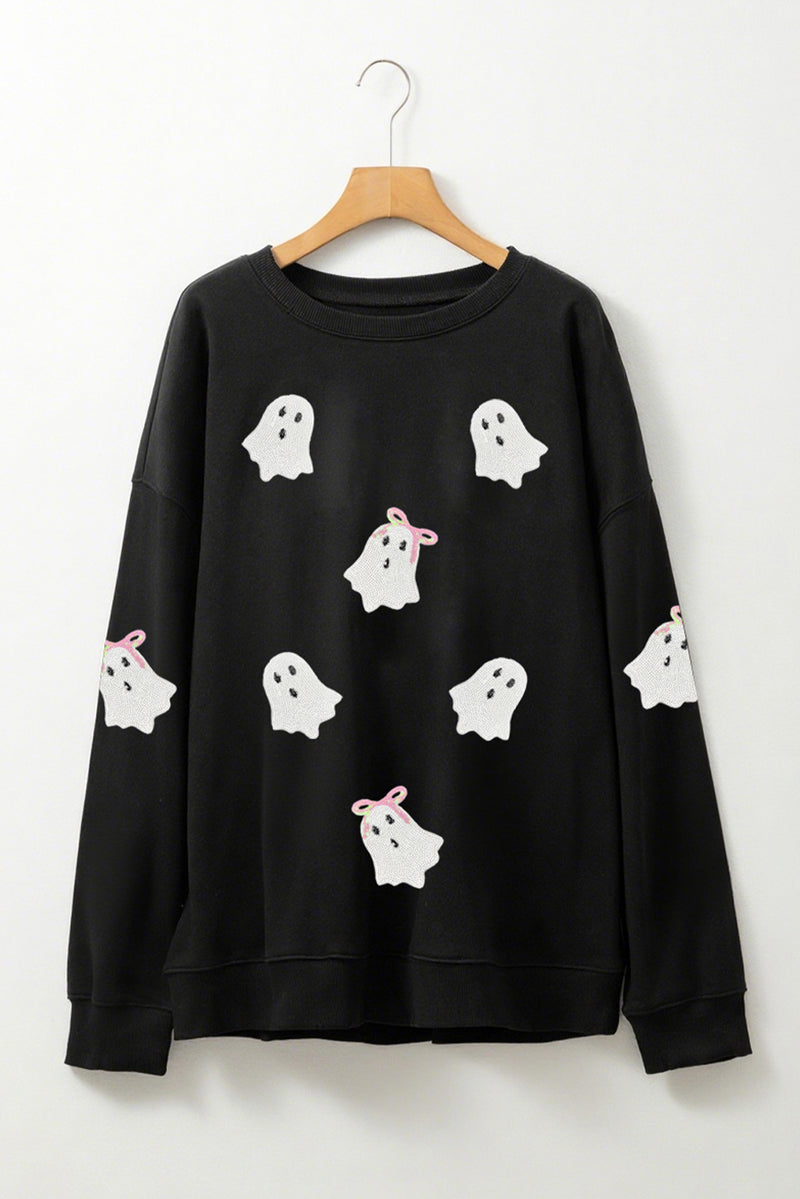 Sequin Cute Bow Ghost Graphic Crew Neck Halloween Sweatshirt