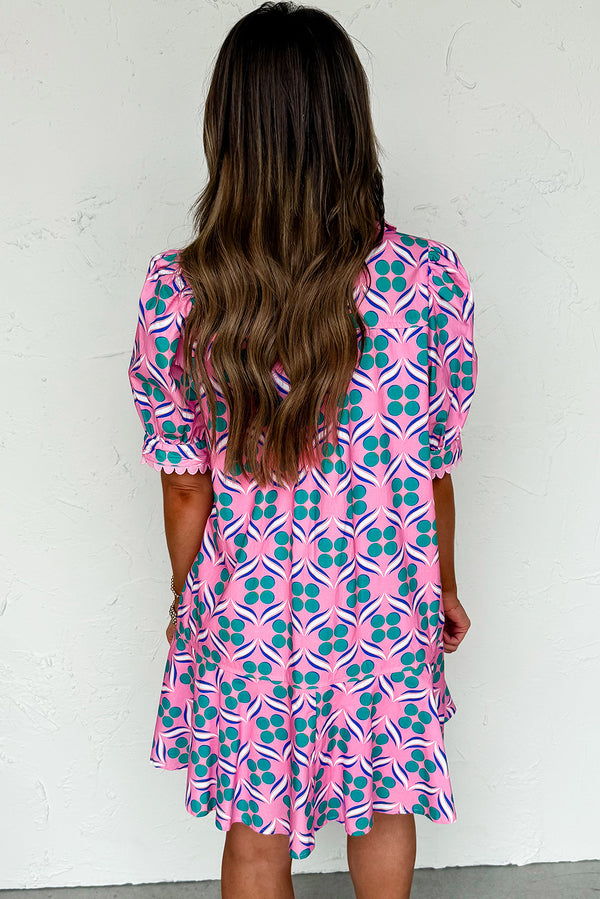 Geometric Floral Print V Neck Ricrac Trim Short Sleeve Mini Dress