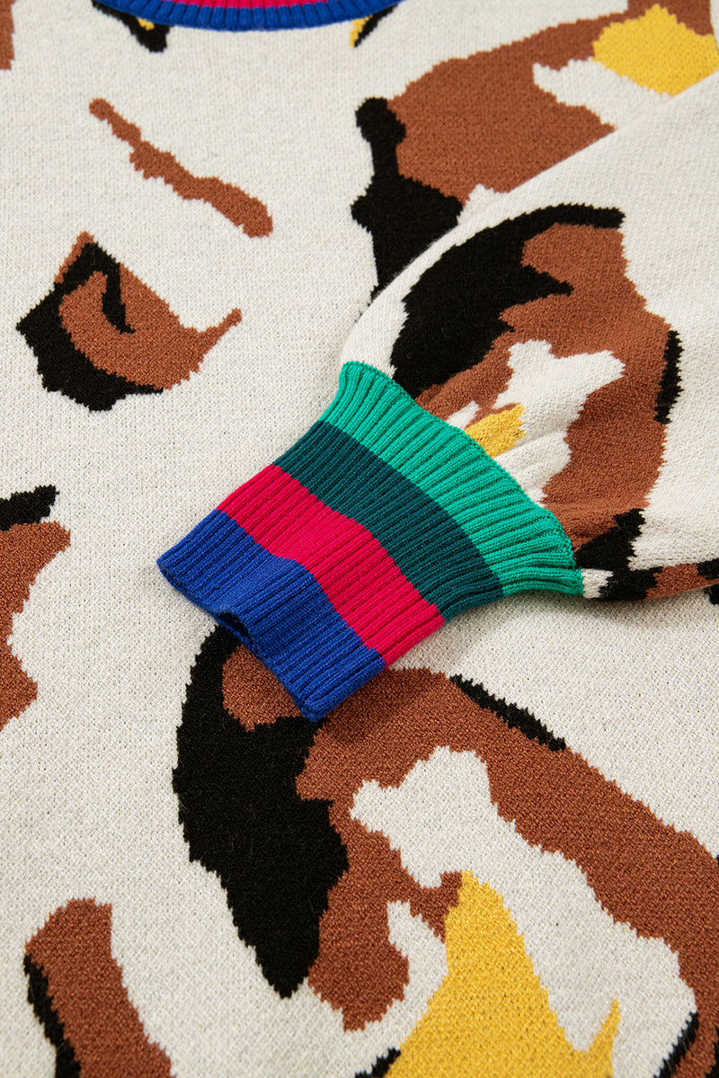 Contrast Ribbed Stripes Detail Animal Pattern Knit Sweater