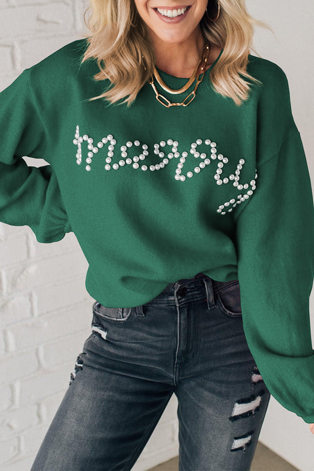 Solid Pearl Beaded Merry Casual Sweater
