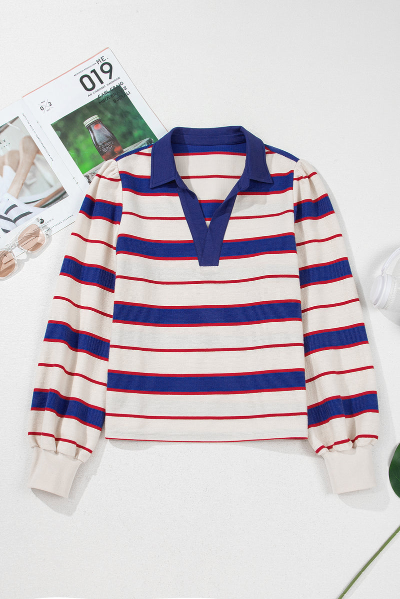 Stripe Color Block Polo Pullover Sweatshirt