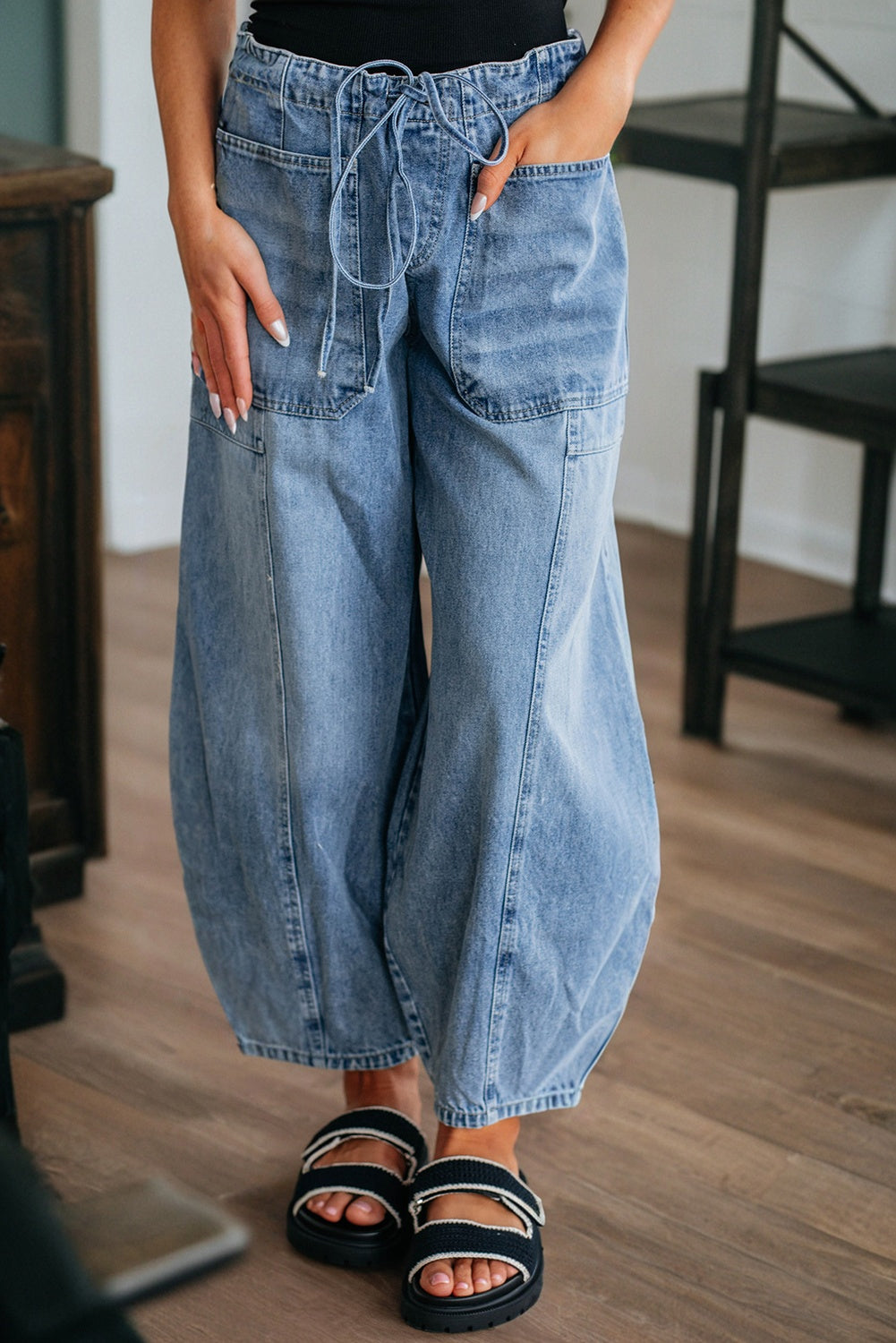 Patch Pocket Drawstring Paper bag Waist Barrel Jeans