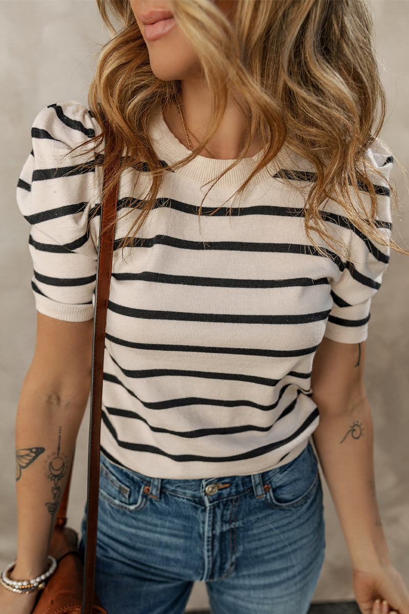 Stripe Ribbed Trim Round Neck Bubble Sleeve Knitted Top