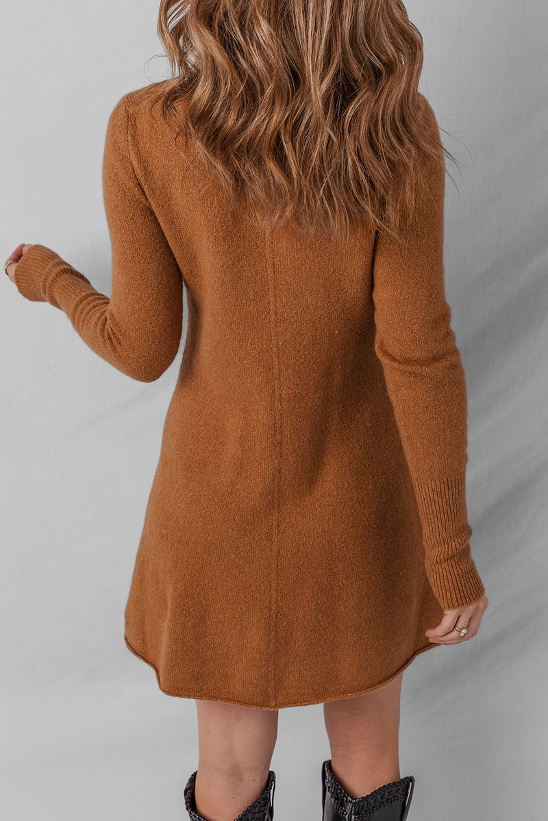 Brown Ribbed Detail Solid Color Mini Sweater Dress