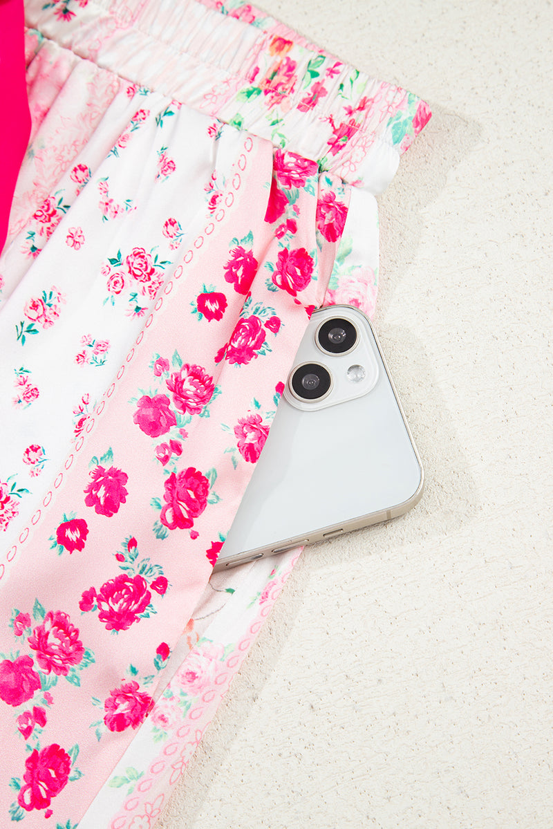 Mixed Floral Print Contrast Piping Trim Satin Tie 2pcs Pajama Set