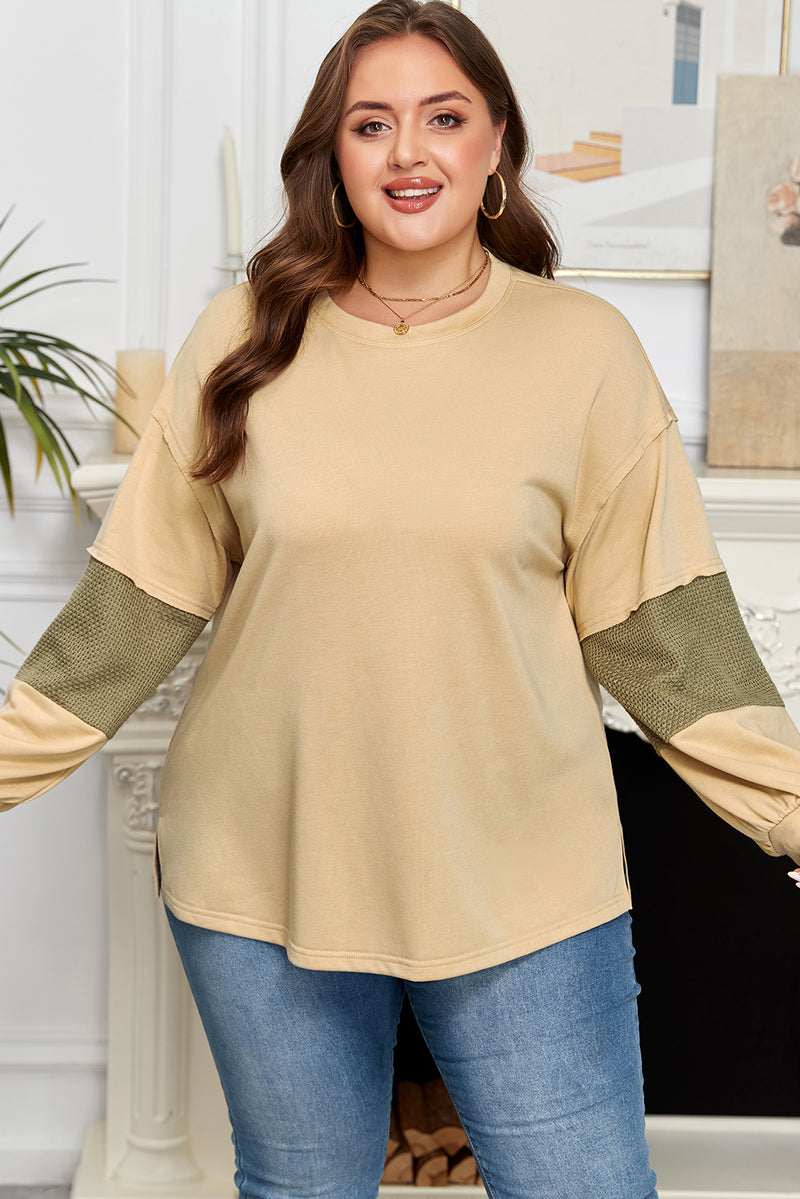 Exposed Seam Contrast Texture Patchwork Plus Size Drop Shoulder Pullover