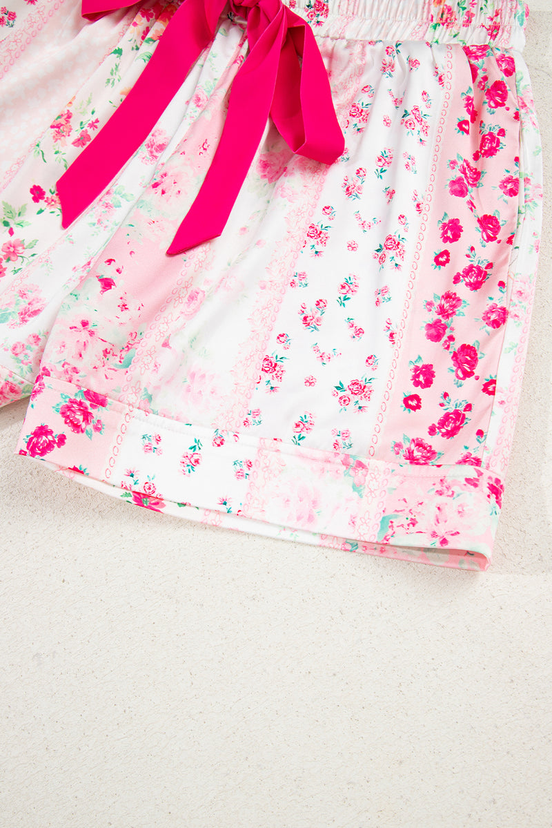 Mixed Floral Print Contrast Piping Trim Satin Tie 2pcs Pajama Set