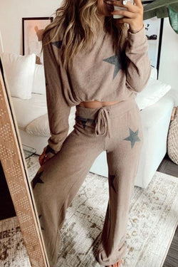 Retro Star Print Loose Long Sleeve Drawstring Wide Leg 2pcs Lounge Set