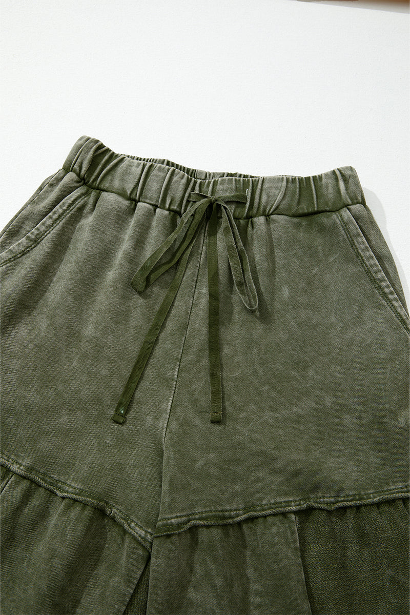 Mineral Wash Tiered Wide Leg Patchwork Drawstring Pants