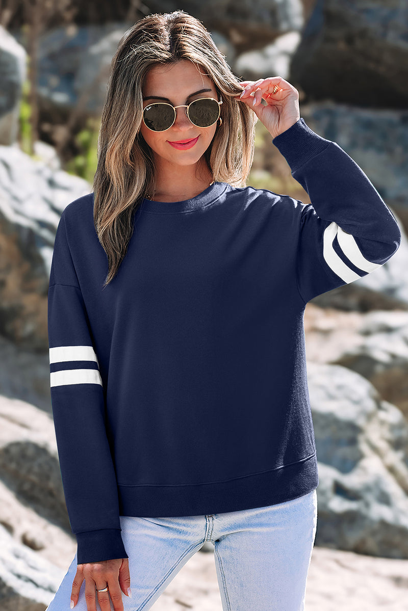 Navy Blue Varsity Striped Detail Drop Shoulder Oversized Sweatshirt
