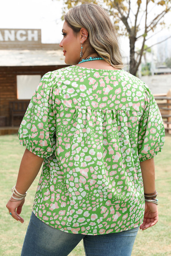 Plus Size Floral Tassel Tie Split Neck Puff Sleeve Blouse