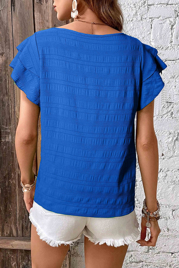 Textured Ruffled Sleeve Round Neck Top Blouse
