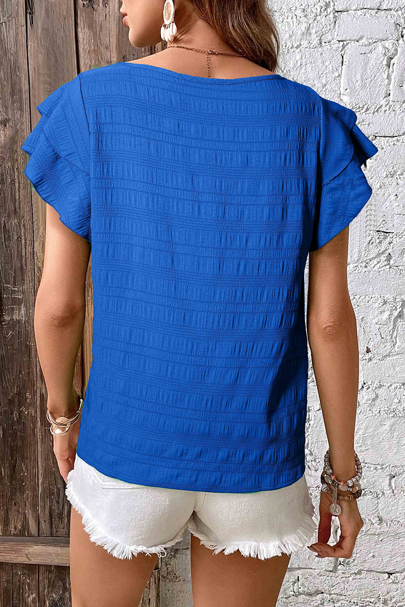 Textured Ruffled Sleeve Round Neck Top Blouse