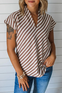 Striped Stand V Neck Short Sleeve Blouse
