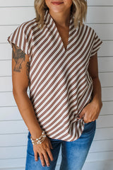 Striped Stand V Neck Short Sleeve Blouse