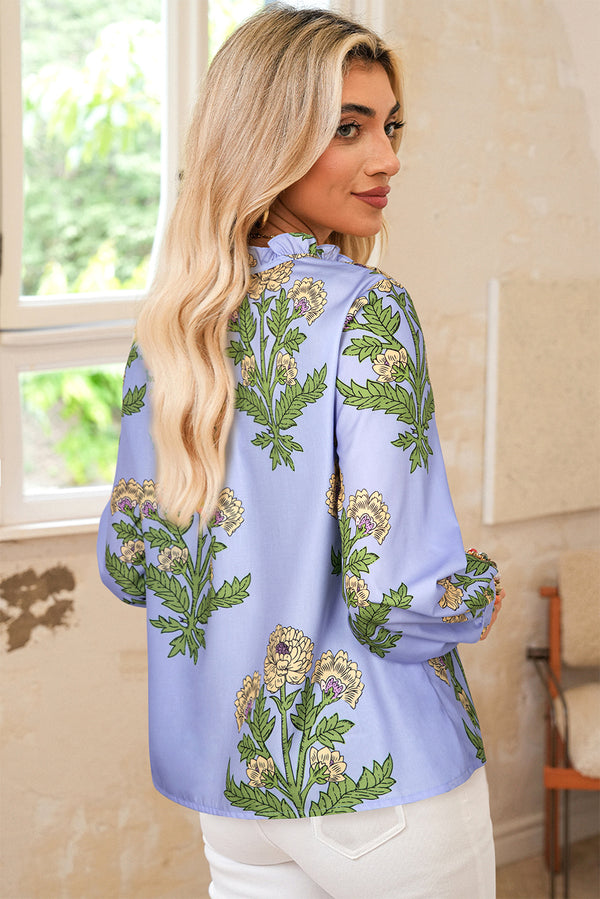 Floral Print Button Tie Neck Long Puff Sleeve Blouse