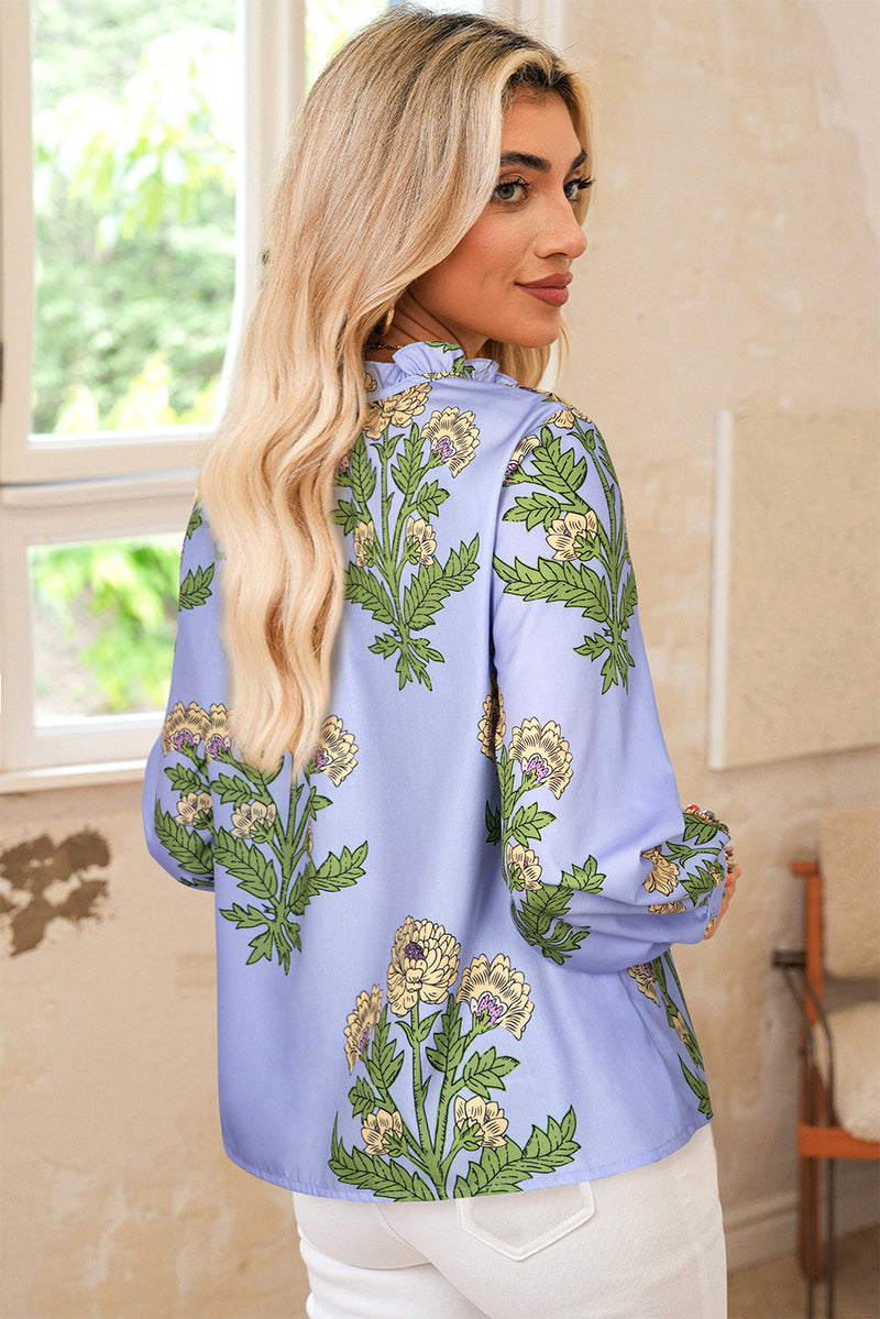 Floral Print Button Tie Neck Long Puff Sleeve Blouse