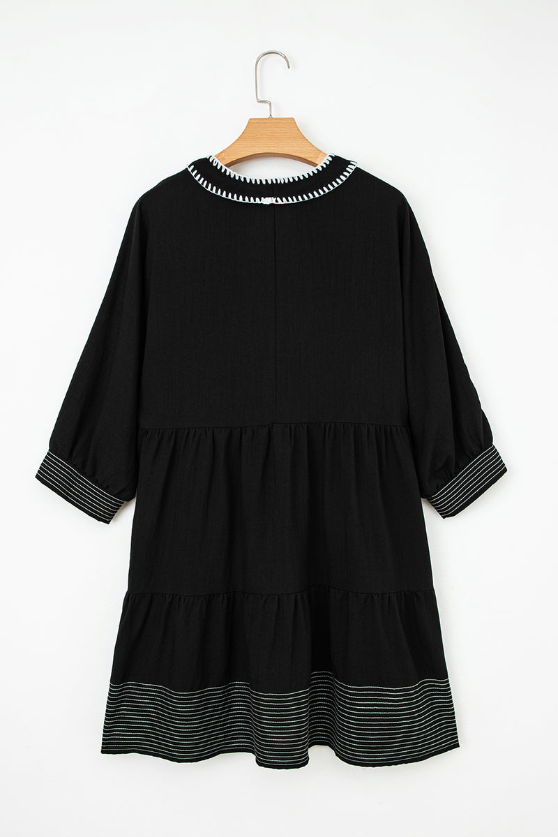 Contrast Stitched V Neck 3/4 Sleeve Tiered Mini Dress