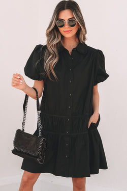 Shirt Style Button Down Puff Sleeve Ruffle Hem Dress