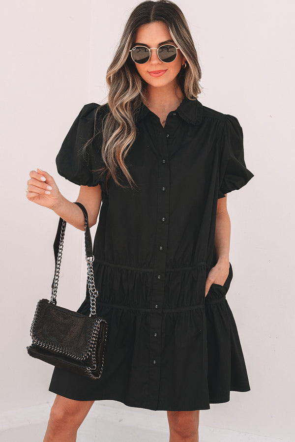 Shirt Style Button Down Puff Sleeve Ruffle Hem Dress