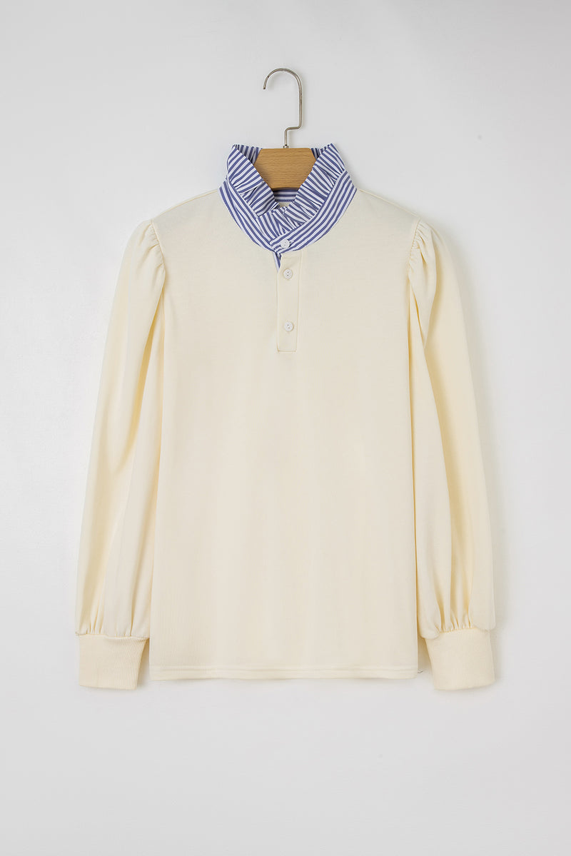 Button Striped Collar Patchwork Puff Sleeve Sweatshirt