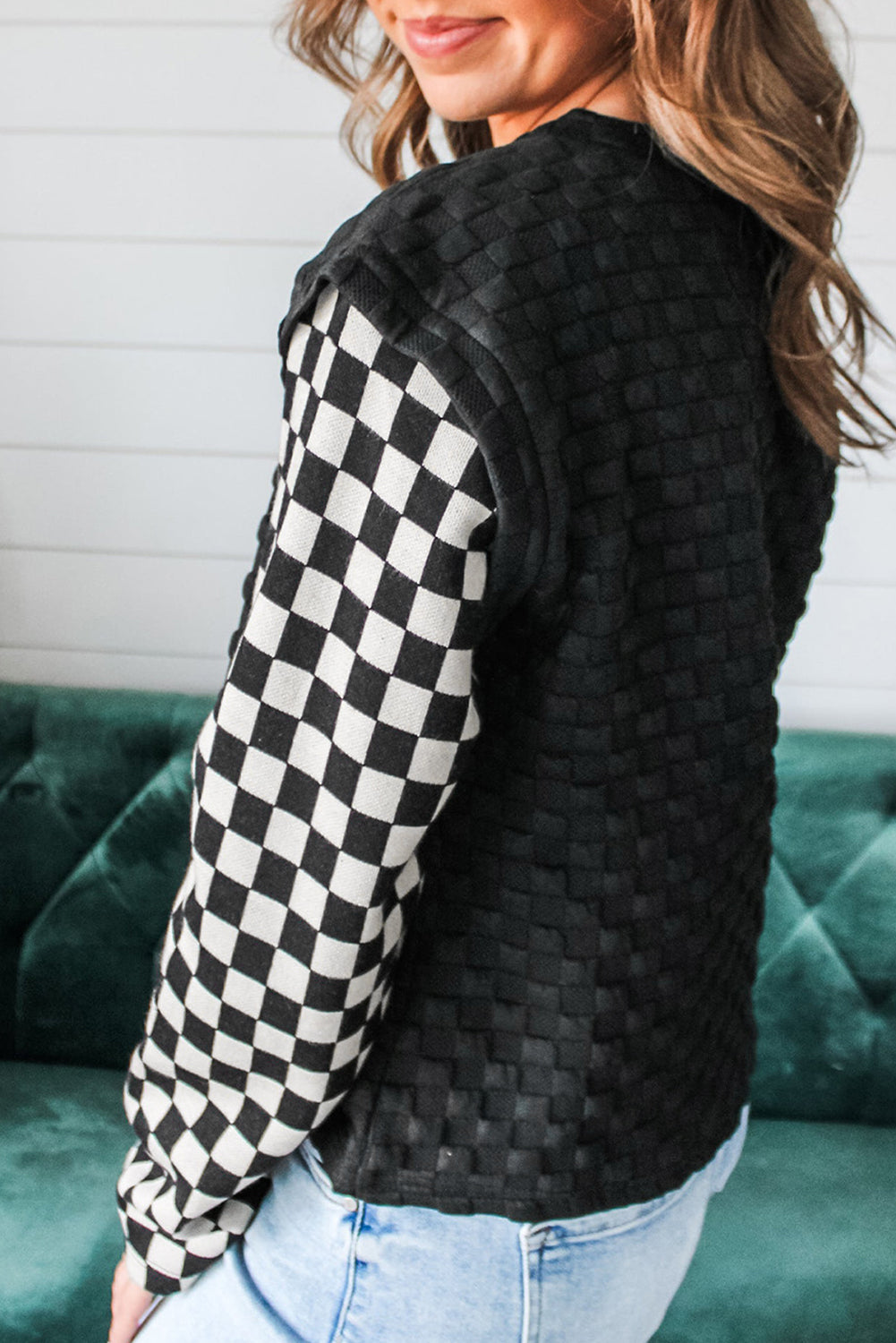 Plaid Textured Contrast Checkered Patchwork Long Sleeve Top