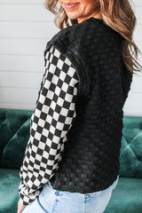 Plaid Textured Contrast Checkered Patchwork Long Sleeve Top
