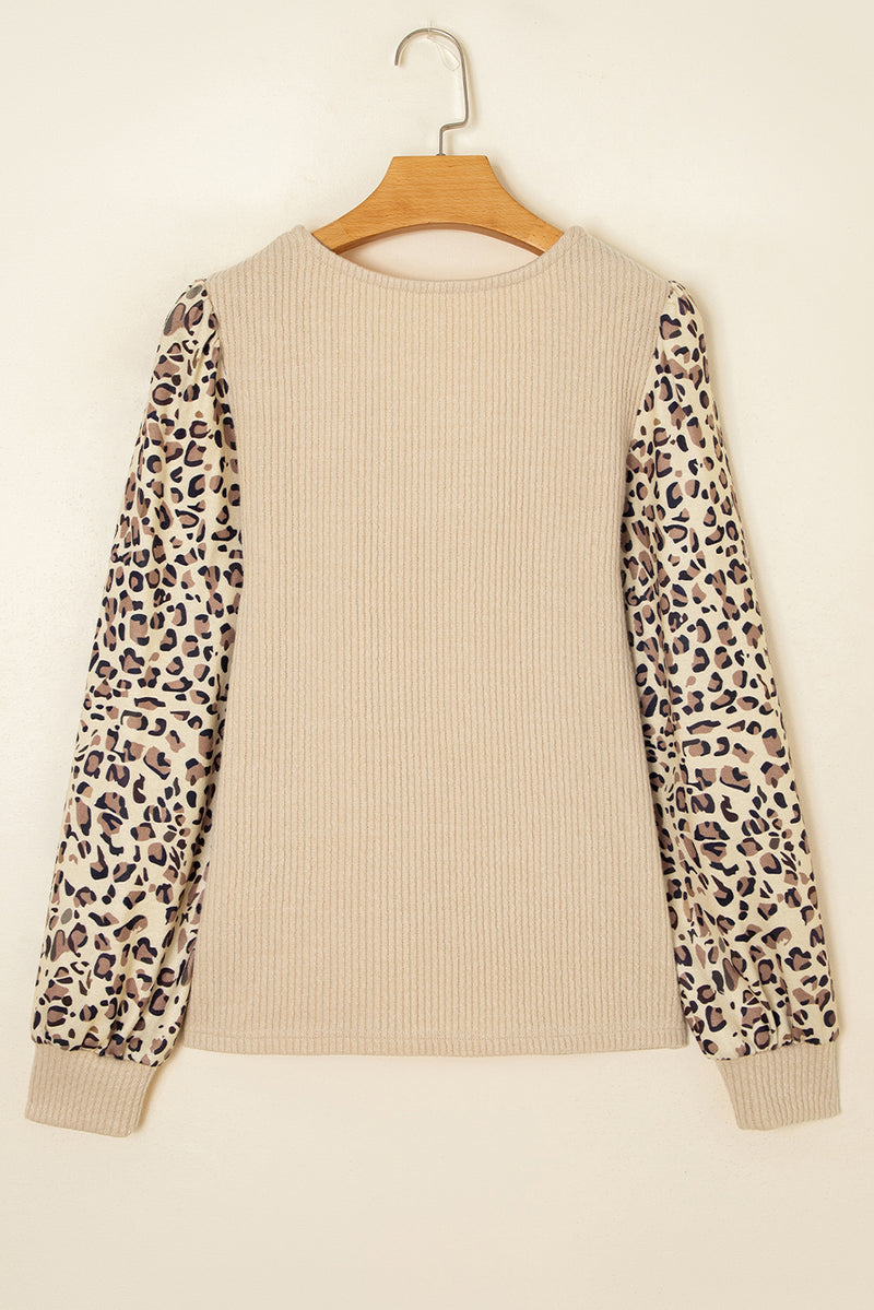 Apricot Leopard Sleeve Patchwork Ribbed Knit U Neck Top