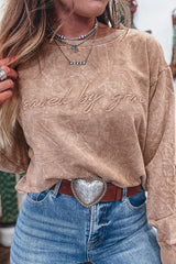 Beige saved by grace Letter Embroidery Mineral Wash Loose Sweatshirt