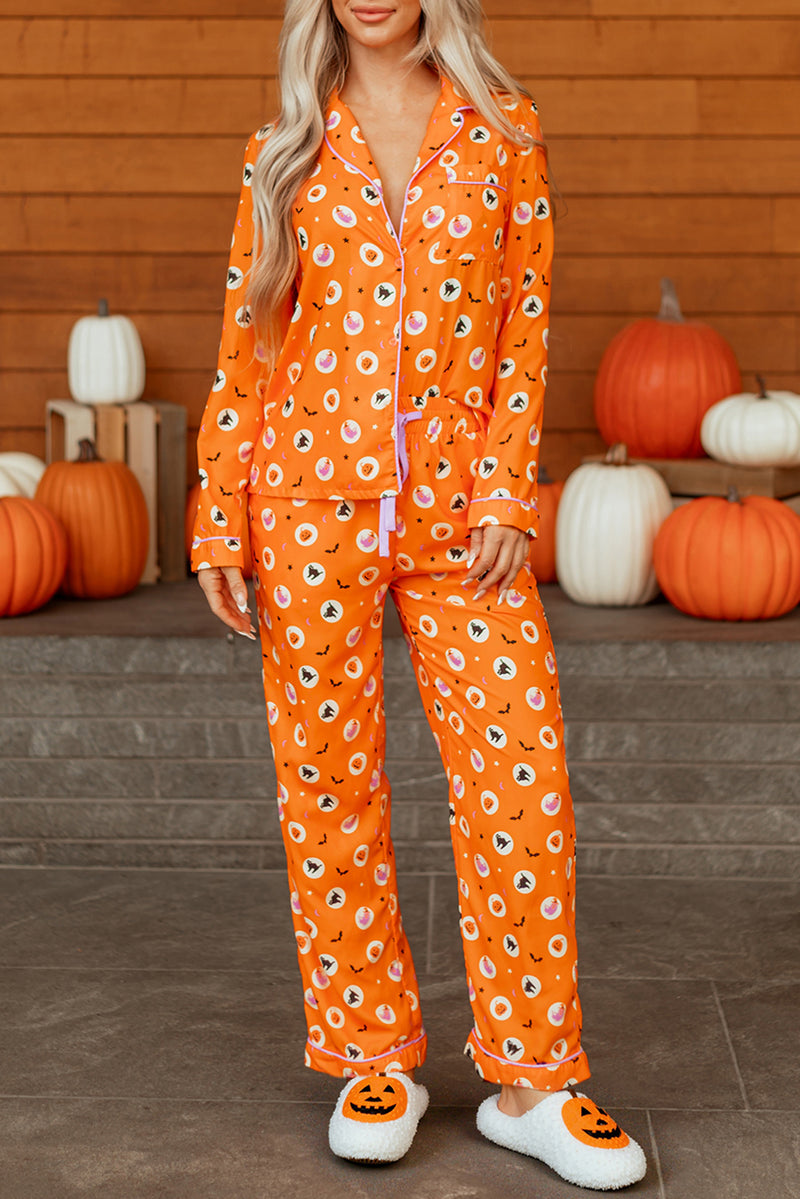 Halloween Print Lapel Shirt Long 2pcs Pajama Set