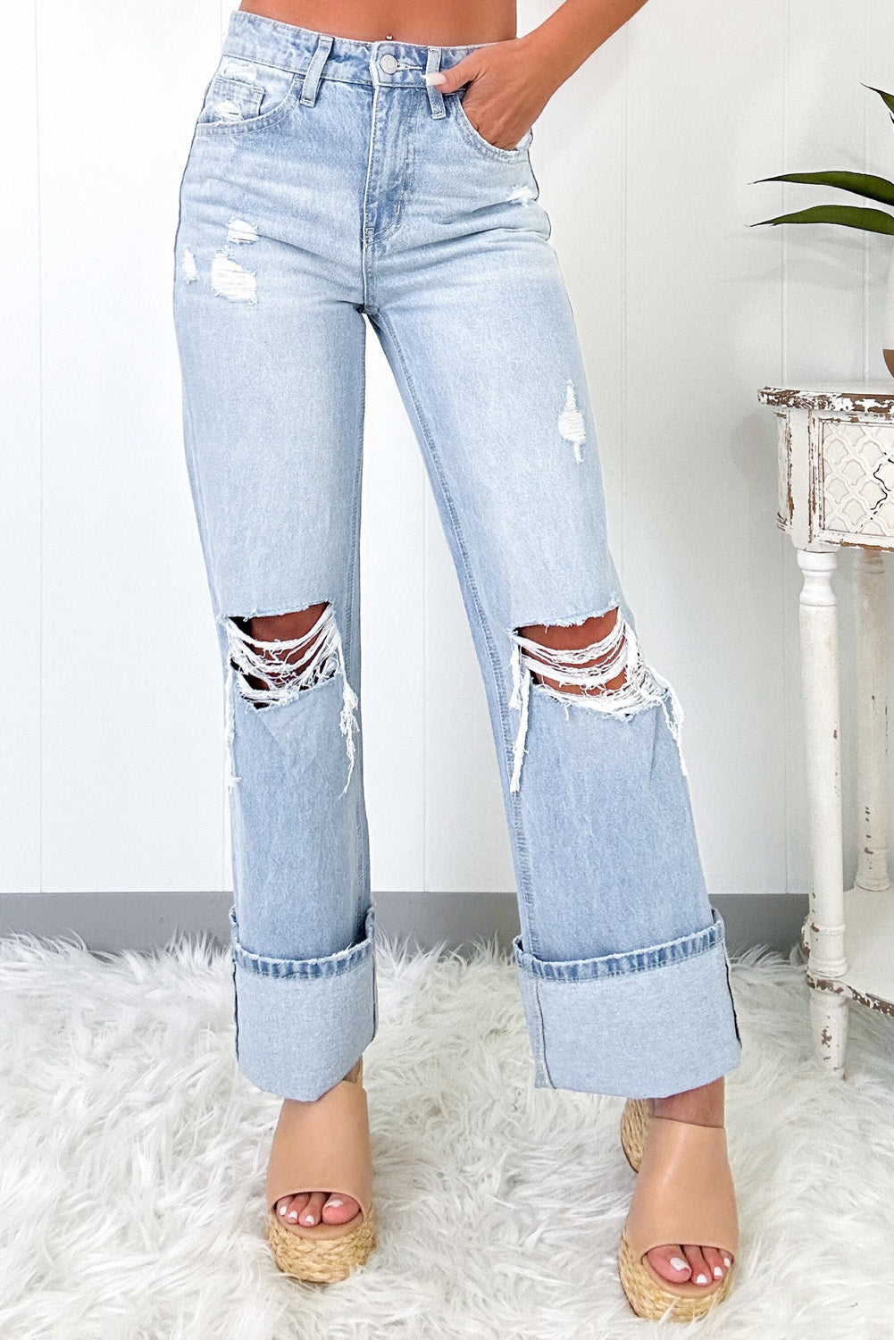 Light Wash Distressed Straight Denim Jeans