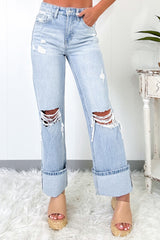 Light Wash Distressed Straight Denim Jeans
