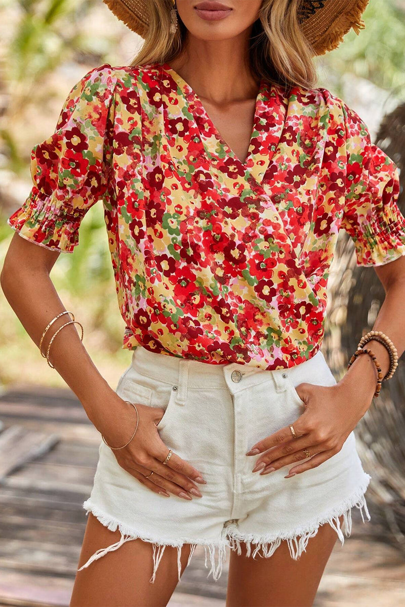 Floral Bubble Sleeve Pleated V Neck Wrap Blouse