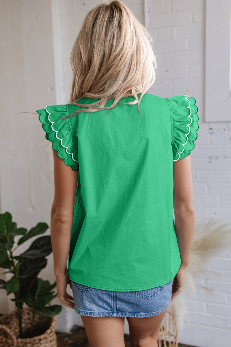Solid Contrast Scallop Trim Layered Short Sleeve V Neck Blouse
