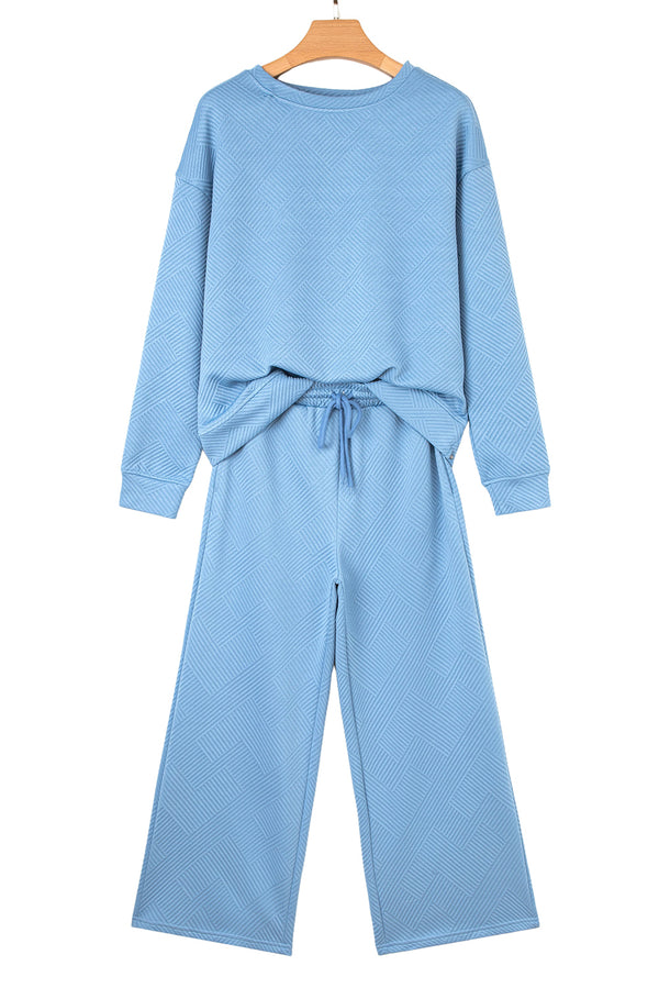 Blue Floral Patchwork Drop Shoulder Pullover and Sweatpants Lounge Set