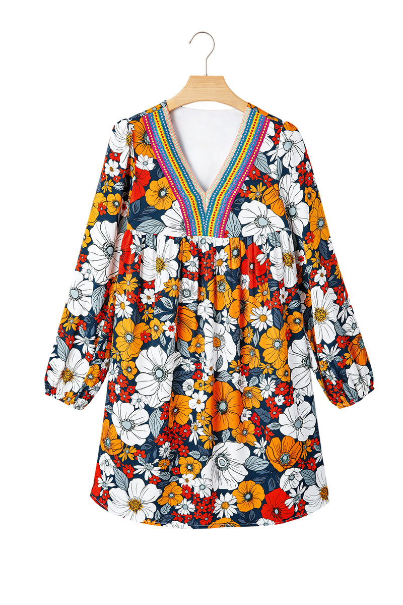 Floral Print Striped Lace V Neck Long Sleeve Mini Dress