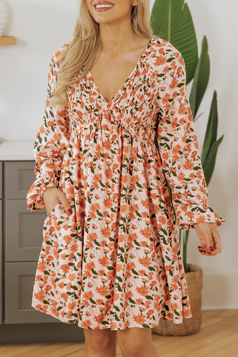 Floral Deep V Neck Smocked Bust Bubble Sleeve Babydoll Dress