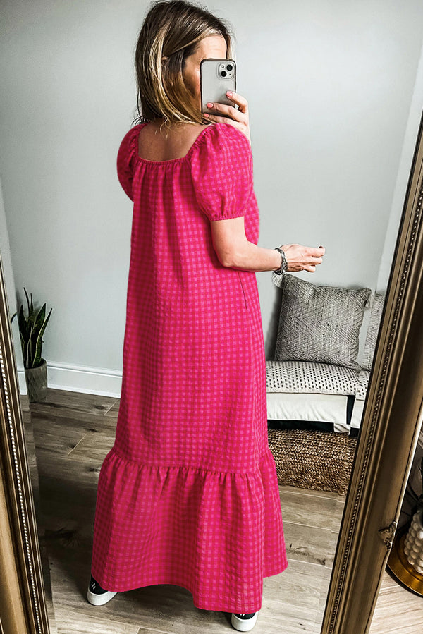 Ginham Check Bubble Sleeve Ruffled Maxi Dress