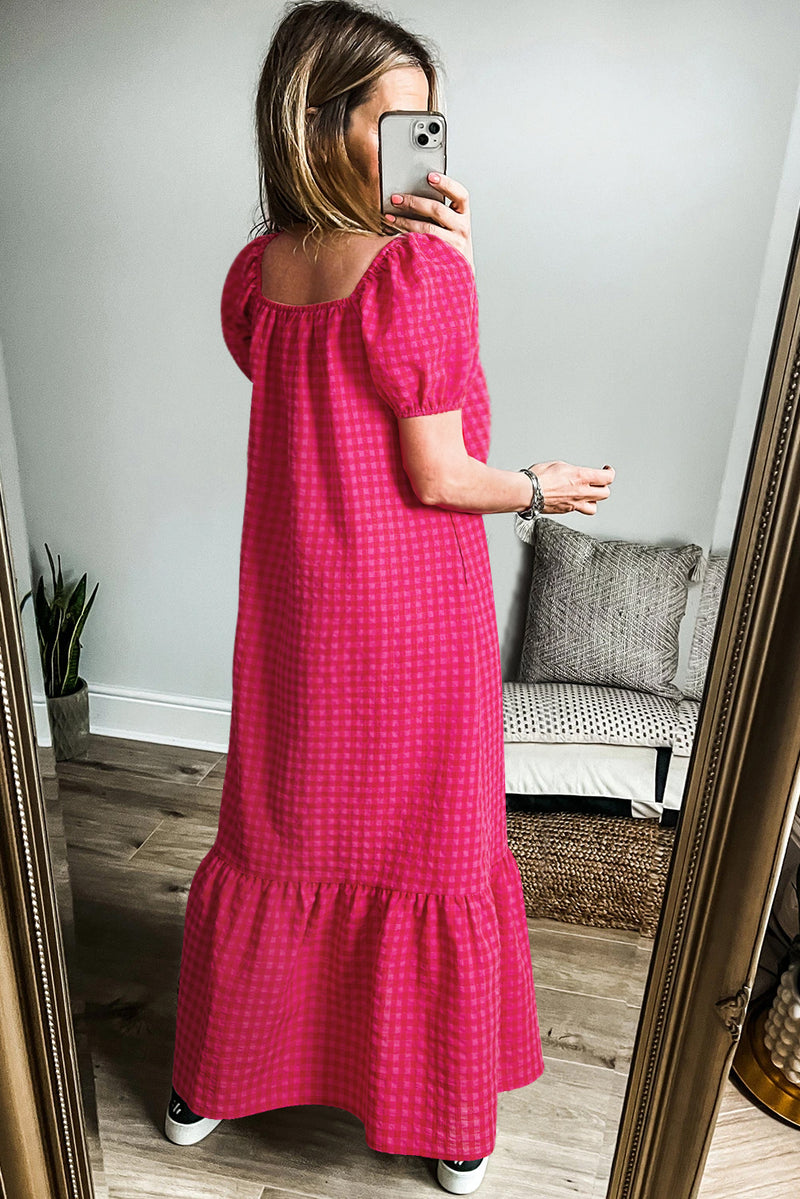 Ginham Check Bubble Sleeve Ruffled Maxi Dress