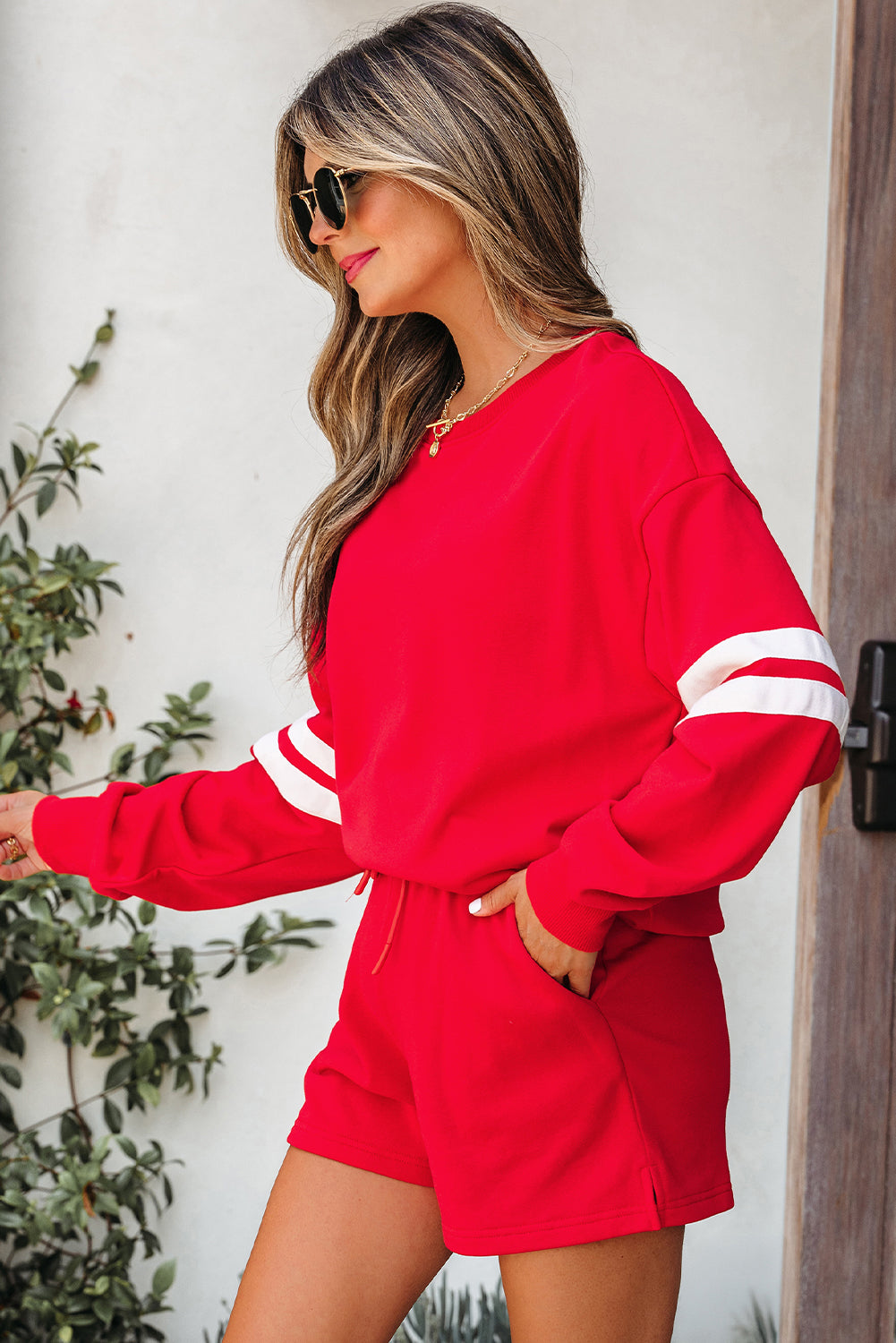 Solid Varsity Striped Sleeve Drop Shoulder Sweatshirt and Short Set