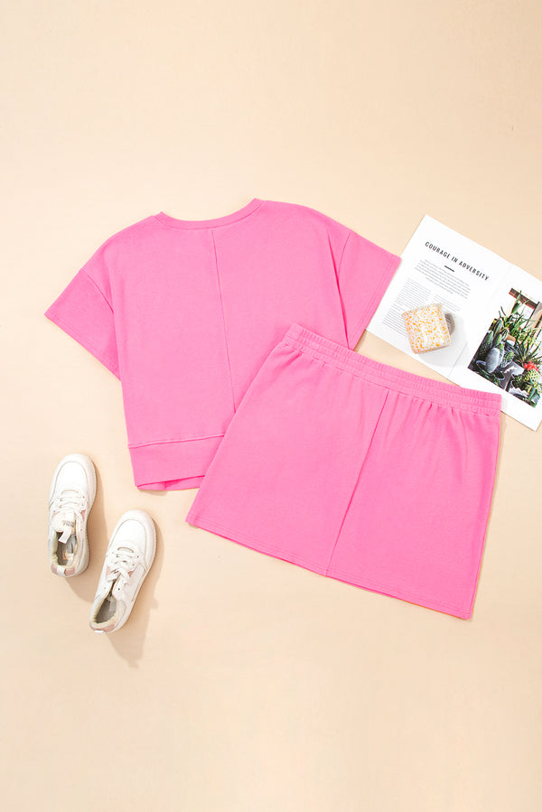 Pink Ribbed Drop Shoulder Tee and Skort Plus Size Set