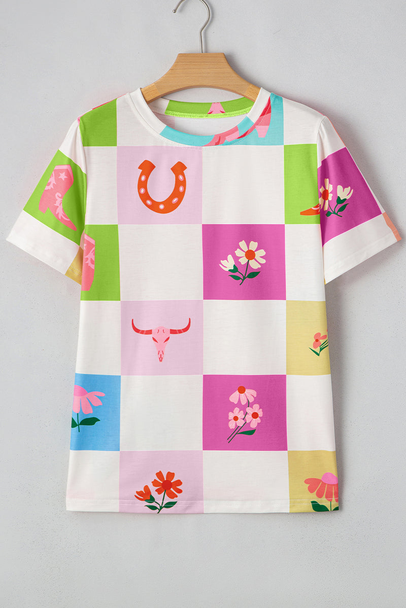 Western Fashion Checker Print Crewneck T Shirt