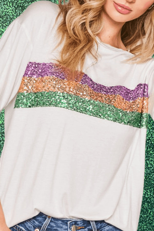 Sequin Stripes Patchwork Mardi Gras Crew Neck T Shirt