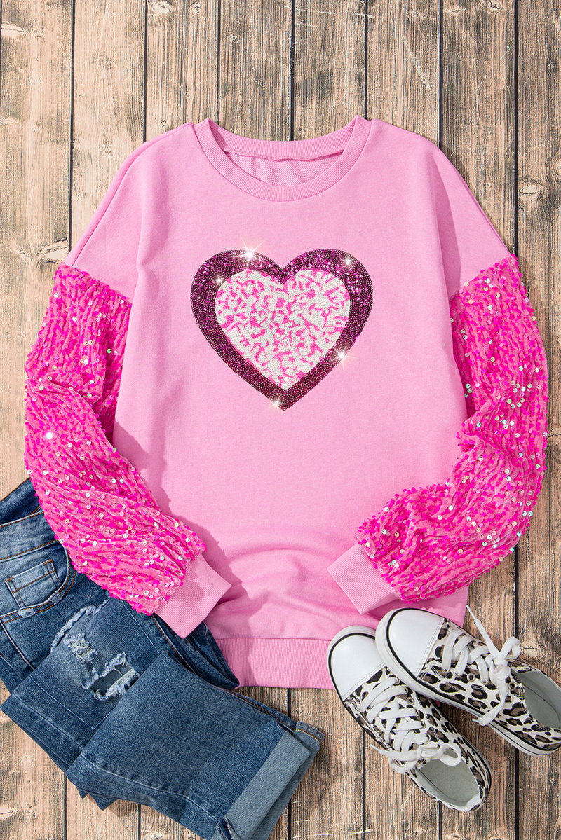 Leopard Heart Graphic Sequin Patchwork Long Sleeve Valentines Top