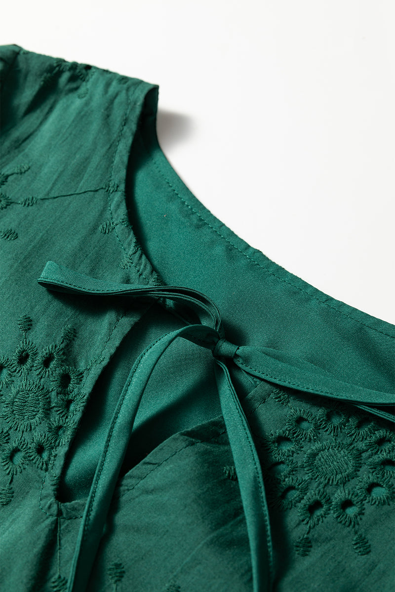 Embroidered Eyelet Pattern 3/4 Puffy Sleeve Swing Mini Dress